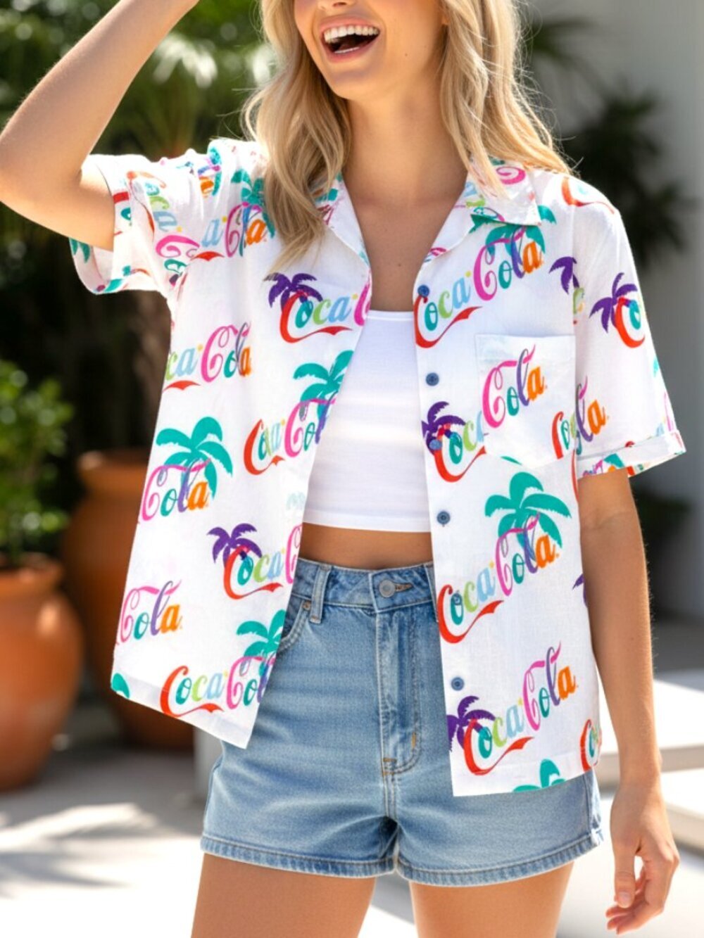 Coca Cola Tropical Camp Shirt Palm Tree Resort Button Up White Rainbow Top S